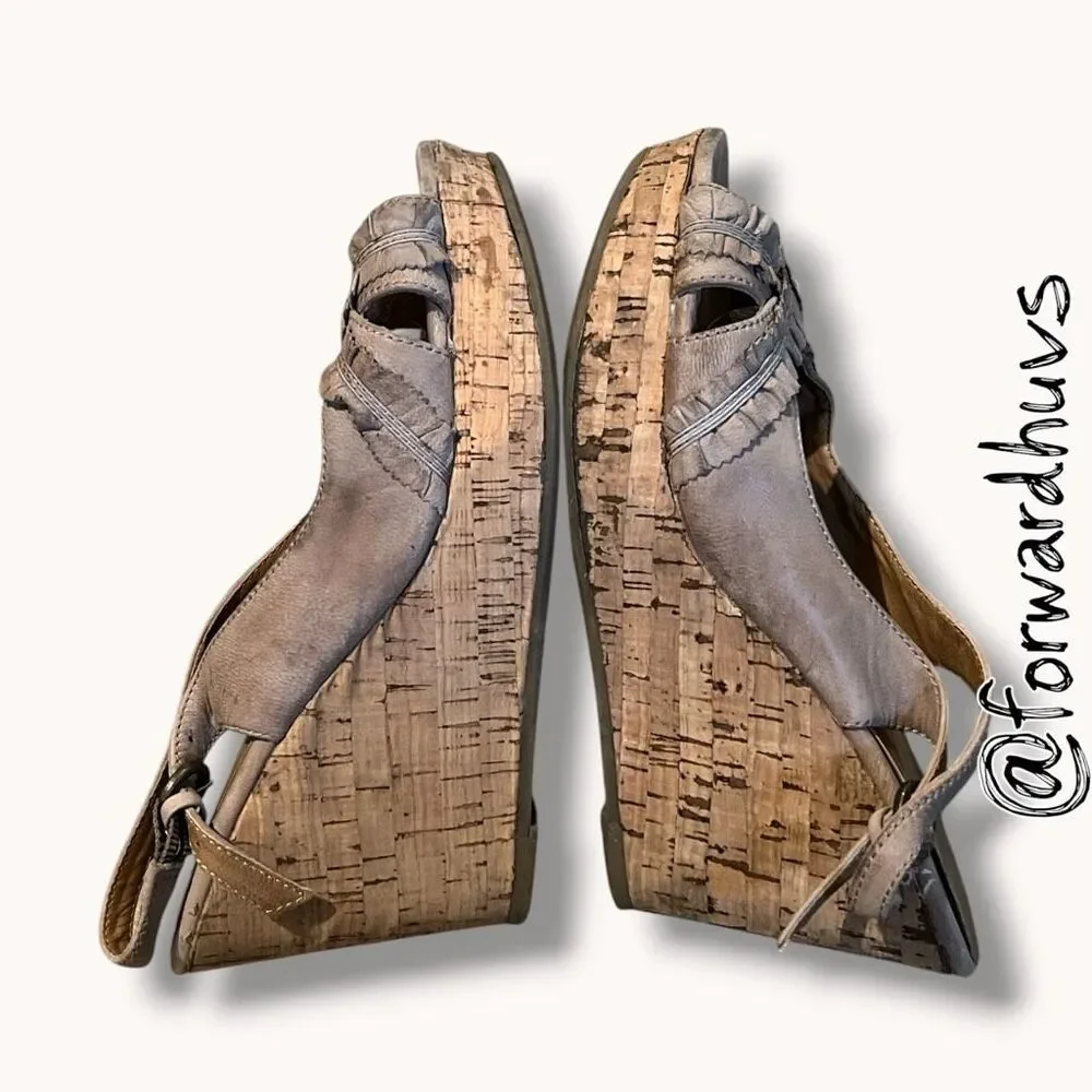 ALDO Ruffle Strappy Cork Wedge Slingback Sandals Taupe Size 6.5 EU 37